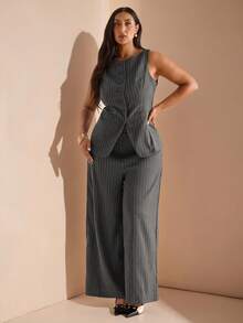 SHEIN BAE 大码女式条纹西装外套，两件套，秋冬 - 黑色 - 查看 1