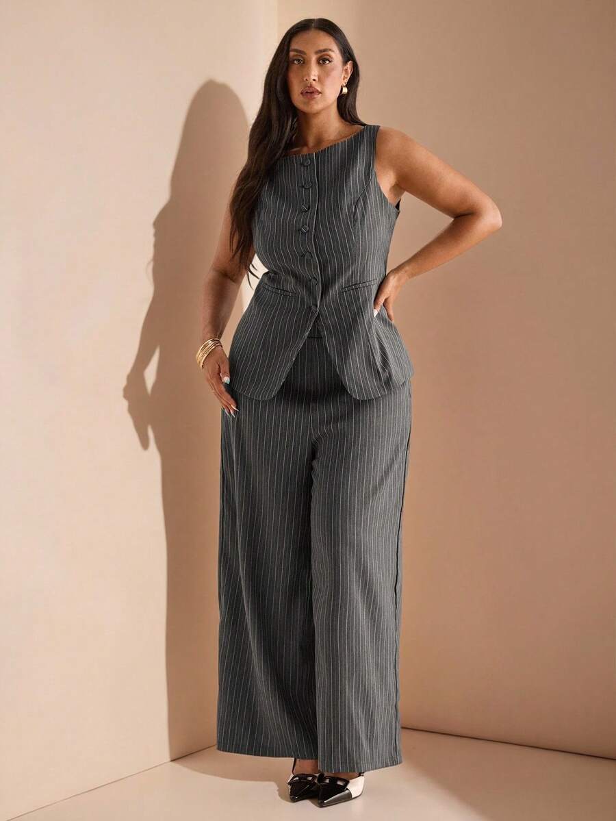 SHEIN BAE 大码女式条纹西装外套，两件套，秋冬 - 黑色 - 查看 1