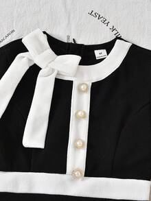 SHEIN Girls' Black & White Patchwork Fitted Dress With Bow Decor, Elegant, Autumn/Winter - Black - View 7