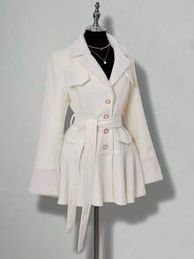 SHEIN ICON Women's White Umbrella Pleated Waist Fitted Sexy Long Sleeve Wool Blend Mini Dress, Elegant Office Wear, Autumn/Winter - White - View 4