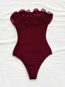 Soleia 夸张荷叶边露肩女式紧身衣，适合派对、节日、约会、下午茶、度假、音乐节、海滩、夏季服装、波西米亚风、度假、钩针编织、亚麻 - 酒紅色 - 查看 2