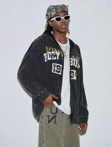 Modcrash Men's Letter & Graphic Printed Zip-Up Hoodie, Spring/Fall - Black - View 6