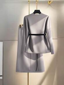 Franclia 女装秋冬气质西装装轻奢高端大方得体小格调灰色无领收腰配黑色时尚腰带西装外套日常通勤长袖西装两件套女装秋装秋冬女装冬装圣诞新年派对毕业舞会角色扮演优雅休闲奢华外出冬季女装优雅时尚休闲通勤商务办公日常休闲百搭气质都市教师职业装