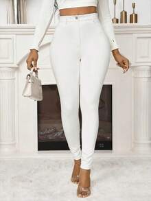 VaVaBold Slim Fit PU Fabric Slim Leg Trousers - White - View 3