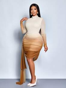 SOLERSUN Plus Size Women's Beige Elegant Curve Cocktail Wedding Guest Autumn Dress,Stand Collar Long Sleeve Gradient Mesh Print Slim Fit Pleated Short Dress - Apricot - View 3
