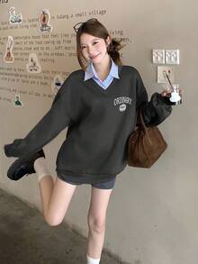 DAZY Women's Autumn/Winter 2 In 1 Drop Shoulder Fleece Patchwork Sweatshirt - Grey - View 2