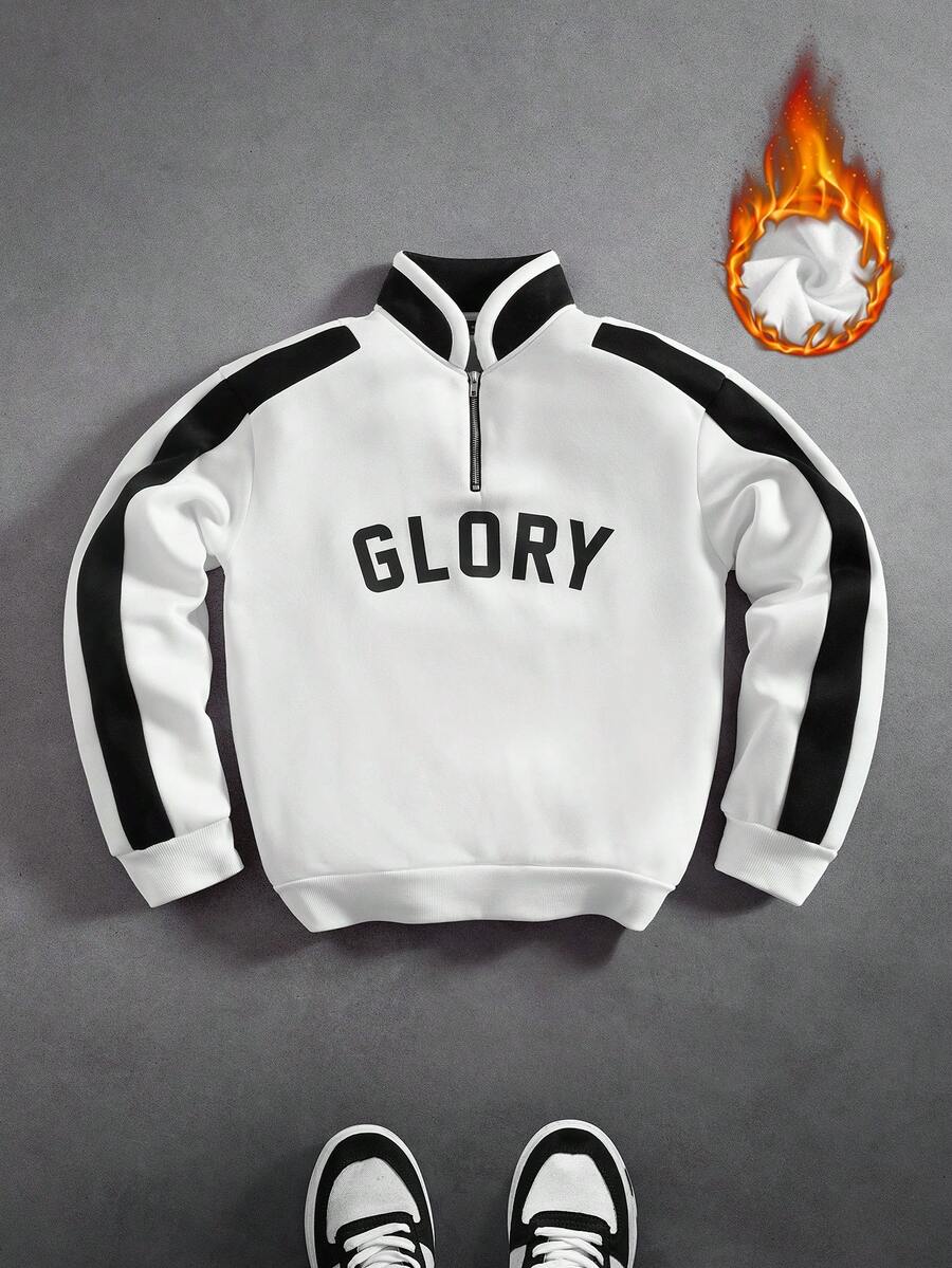 PAVTROS 男士秋冬保暖撞色半拉链套头卫衣，字母印花，时尚百搭，适合室内外穿着。90年代运动风韩流四分之一拉链卫衣，长袖上衣 - 黑與白 - 查看 1