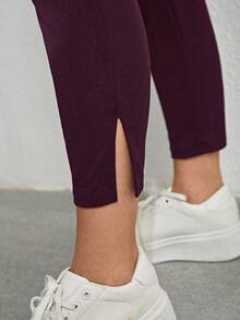 EMERY ROSE Plusstorlek Dam Enfärgade Elastiska Midjefickor Sidoslits Nedan Casual Byxor - Bourgogne - Visa 5