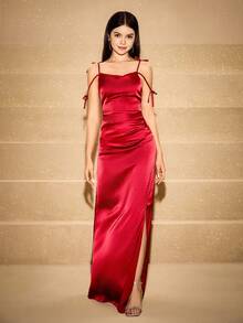 Vestido de satén con hombros descubiertos, decoración de moño en la cintura, dobladillo acampanado y abertura lateral, adecuado para bodas, bailes de graduación, cumpleaños, Halloween, Navidad - Burdeos - Ver 5