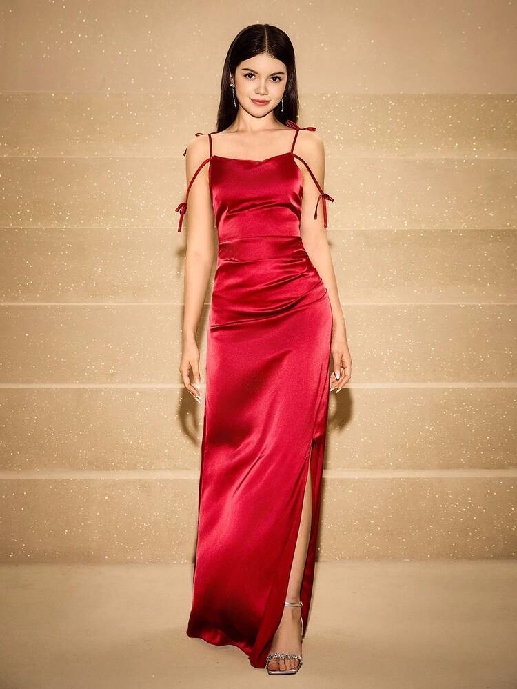 Vestido de satén con hombros descubiertos, decoración de moño en la cintura, dobladillo acampanado y abertura lateral, adecuado para bodas, bailes de graduación, cumpleaños, Halloween, Navidad - Burdeos - Añade 5