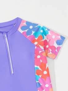 SHEIN Girls' Solid Color & Floral Print Patchwork Sleeveless Tankini Top - Purple - View 3