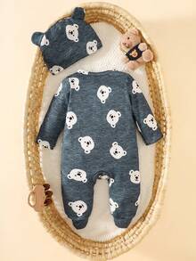 SHEIN 2pcs/Set Newborn Baby Unisex Cartoon Bear Print Long Sleeve Jumpsuit With Hat, Suitable For Daily Wear, Birthday Party, Photography In Spring, Summer, Autumn, Winter - Navy Blue - View 2