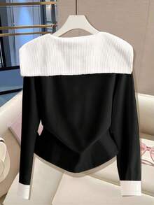Franclia Kaos Wanita Lengan Panjang Kancing Tunggal dengan Kerah Warna Kontras - Hitam dan Putih - View 2