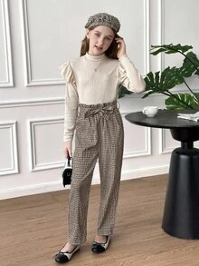 SHEIN Tween Girl 3 PiecesElegant Set: Ruffle Trim T-Shirt, Plaid Print Pants, And Hat - Khaki - View 6