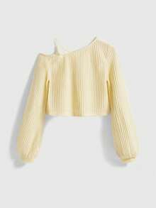 ROMWE Kawaii Kaos Crop Top Wanita Kasual Warna Polos dengan Leher Asimetris - Angsa kuning - View 2