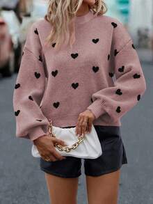 EMERY ROSE Casual Heart Pattern Drop Shoulder Loose Knit Sweater, Autumn/Winter - Coral Pink - View 6