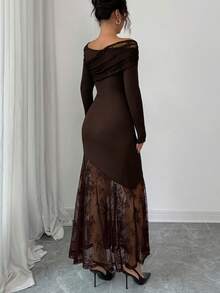 Modelyn Women's Elegant Lace Patchwork Midi Dress - Coffee Brown - View 2