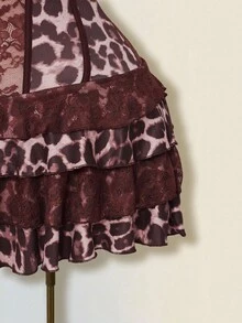 SHEIN ICON Women Brown Leopard Print Bustier Crop Top & Layered Lace Ruffle Mini Dress,Elegant Dresses For Party