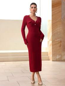 Modelyn Women's Elegant Solid Color V-Neck Flap Pocket Fitted Sweater Dress, Versatile For Autumn/Winter - Burgundy - View 3