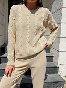 SHEIN Cottnline 女式純色圓領毛衣和長褲套裝 - 米色 - 查看 5