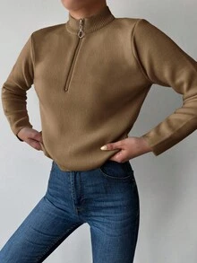 SHEIN Cottnline 女士半拉鍊毛衣 - 駝色 - 查看 3