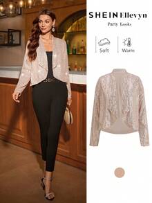 Ellevyn Jaqueta feminina elegante com camadas de miçangas na frente, ideal para festas e eventos formais. Perfeita para o Natal, inverno e Ano Novo, Dia de Ação de Graças. Blusa elegante com lantejoulas. - Champagne - Ver 1