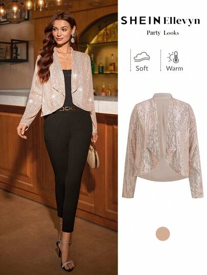 Ellevyn 女士优雅串珠层叠前片外套，适合派对和正式场合，圣诞节、冬季、秋冬季节、新年、感恩节等场合穿着，优雅派对装扮，亮片上衣