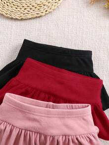 3pcs/Set Babygirl Cute Versatile Knitted Elastic Solid Color Ruffle Waist Pants, Autumn/Winter - Multicolor - View 4