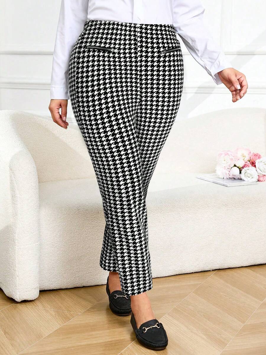 Plus Size Houndstooth Print Slim Fit Elegant Pants