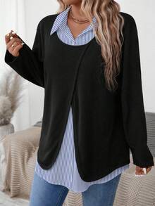 EMERY ROSE Plus Size Casual Patchwork Striped Turndown Collar Long Sleeve Shirt, Autumn - Blue - View 5