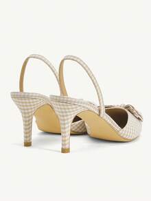 CUCCOO CHICEST 女士尖头蝴蝶结绑带细高跟鞋，浪漫优雅格纹面料经典粉色高跟鞋，适合约会、下午茶、通勤、情人节等场合。 - 杏色 - 查看 9