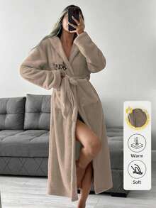 EURMUSE Women Embroidery Detail Hooded Belted Long Robe - Camel - View 1