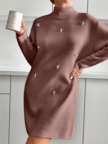 EURMUSE Damen Strickkleid mit Perlendetails und halbem Rollkragen - Altrosa - Übersicht 1