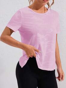 SHEIN Sports 3 件大码女式休闲运动上衣，迷彩，提花，网眼拼接，圆领，不对称下摆，适合宽松运动装，日常休闲，跑步，瑜伽，健身，网球，春夏/秋季 - 彩色 - 查看 3