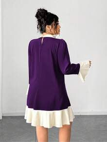 Elenzga Fashionable Casual French Retro Romantic Elegant Pearl Contrast Color Dress - Purple - View 2