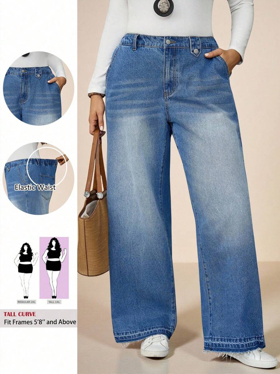 SHEIN Tall CURVE 大码秋冬万圣节圣诞节新年感恩节通勤度假街头风性感科技风生日机场派对婚礼优雅商务休闲女装高腰口袋阔腿宽松休闲百搭牛仔裤蓝色牛仔裤大码水洗牛仔弹力腰牛仔裤女式宽松阔腿舒适裤 - 藍色 - 查看 1