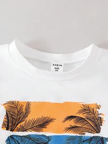 SHEIN 2pcs Young Boy Hawaiian Coconut Tree Print Short Sleeve T-Shirt & Shorts Set, Casual Beach Outfit, School, Campus, College Summer Holiday - Multicolor - View 6