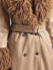 Easelle 风衣卡其色拼接皮草长款毛领秋冬复古 - 卡其色 - 查看 12