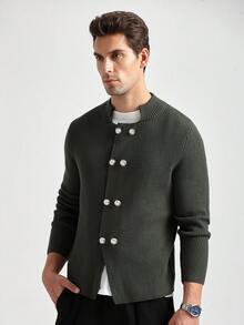 Manfinity CityGents Men's Casual Daily Front Button Ribbed Knit Cardigan, Autumn/Winter, Long Sleeve Top