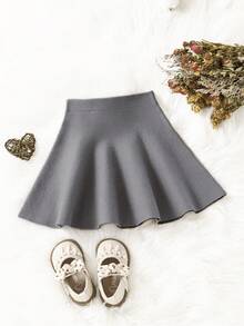 SHEIN Váy len ngắn tay dáng ôm nhún bèo màu trơn cho bé gái - Màu Xám nhạt - Xem 2