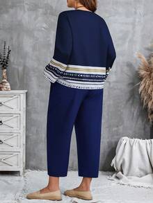 EMERY ROSE 大码女式条纹圆领长袖衬衫和裤子宽松休闲两件套 - 彩色 - 查看 2