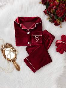 SHEIN Girls Pajamas, Soft Korean Fleece Fabric With Pocket & Heart Embroidery, Long Sleeve Top And Pants 2 Pieces Sleepwear Set Red Pj Set - Red - View 3