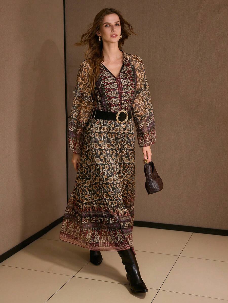 MOTF PREMIUM FLORAL PRINT FLOWY LIGHTWEIGHT DRESS - Dark Green - View 1