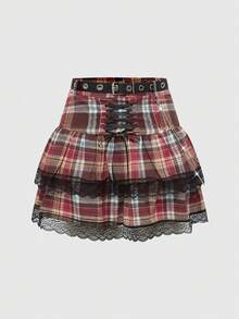 ROMWE Grunge Punk Falda plisada de línea A con parches de encaje a cuadros y lazo para mujer - Rojo - Ver 1