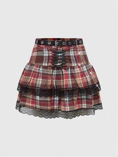 Grunge Punk تنورة نسائية على شكل حرف A مع تصميم مربعات ولمسات من الدانتيل والربطة وطيات