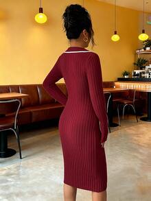 Elenzga Women's Elegant Color Block Collar Fitted Knit Dress, Autumn/Winter - Redwood - View 2