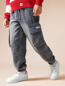 SUMWON Denim Pull On Jogger Jeans With Cargo Pockets And Elastic Cuffs For School And Casual Wear