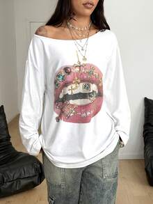 Coolane Women's Fall  Streetwear Daily Wear Casual Vintage Homecoming Y2K Graphics Comfortable Asymmetrical Neck Off The Shoulder Long Sleeve T-Shirt