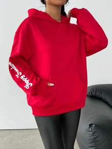 SHEIN 少女字母印花超大红色卫衣，休闲百搭加厚卫衣 - 紅色 - 查看 4