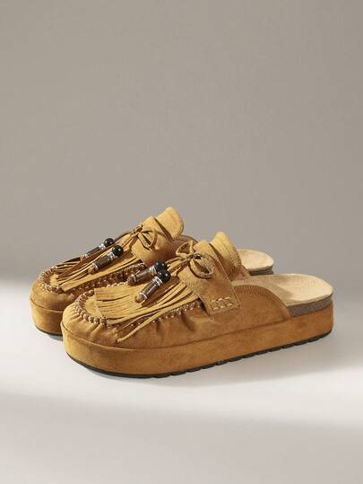 Solecia Zapatos de mujer tipo mula casual con puntera redonda plana, suela gruesa y flecos, color café